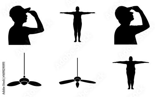 Contemplative figure under ceiling fan adjusting cap in dim light with rhythmic shadows and quiet introspective atmosphere