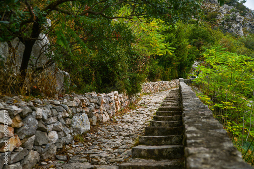 series of photos stone path in the mountains