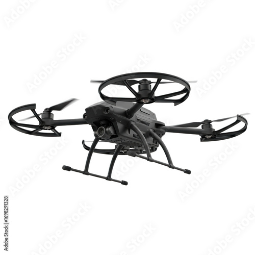 Dark futuristic quadcopter drone isolated on transparent background