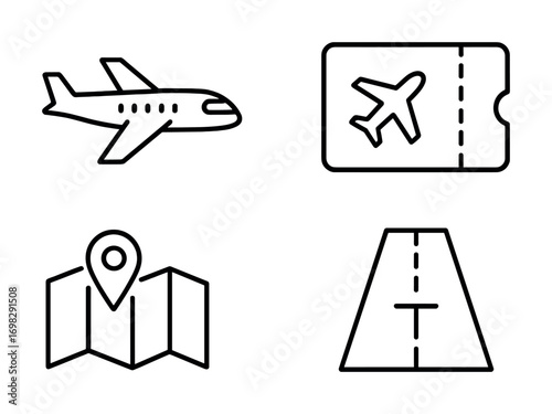 Travel icons: airplane, ticket, map, and runway in black and white