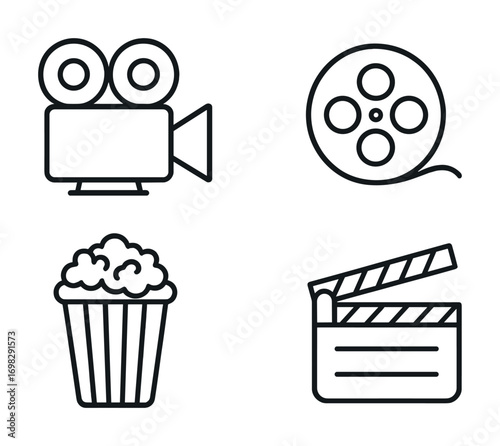 Minimalist cinema icons: camera, film reel, popcorn, clapperboard
