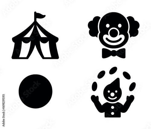 Circus icons: tent, clown face, juggling performer, circus ball