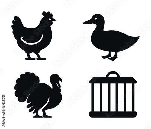 Silhouette icons of chicken, duck, turkey, and cage on white background