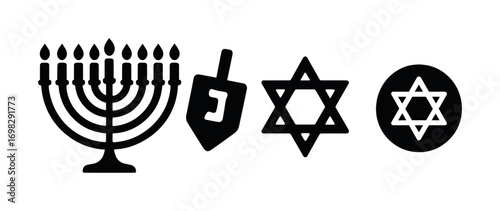 Jewish symbols: menorah, dreidel, star of david icons