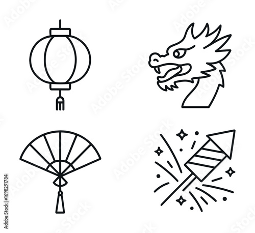 Chinese festival symbols: lantern, dragon, fan, fireworks in line art