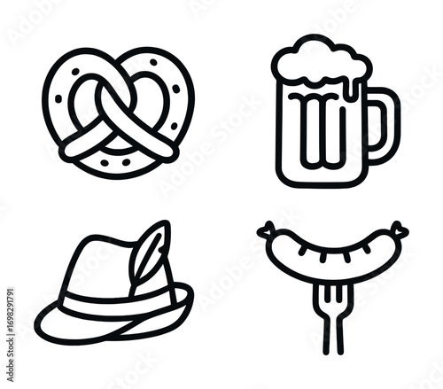 Oktoberfest symbols line art: pretzel, beer mug, hat with feather, sausage on fork