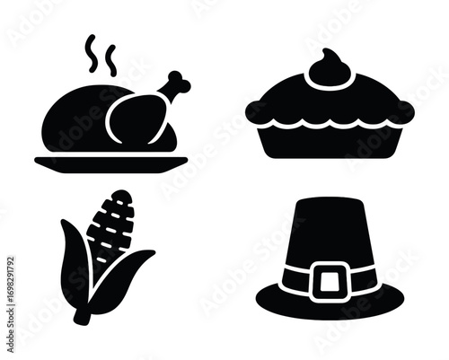 Silhouette icons of turkey, pie, corn, and pilgrim hat for thanksgiving theme