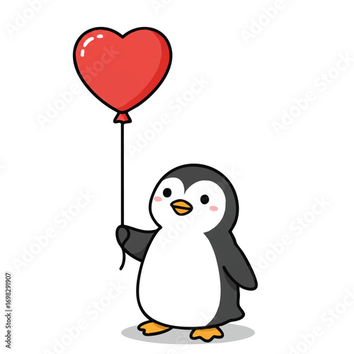 A cute penguin happily holds a vibrant red heart balloon, gazing upwards with an expression of pure joy in this charming 2D vector illustration.