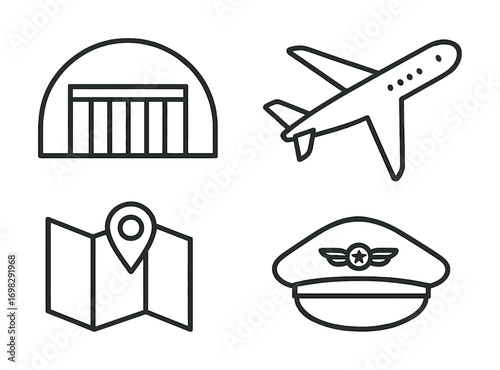 Aviation icons: airplane, control tower, map, pilot hat