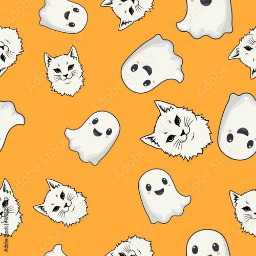 Playful ghost cats in a whimsical pattern art design digital background lighthearted vibe fun concept