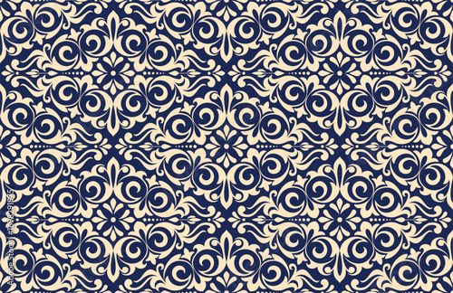 Wallpaper in the style of Baroque. Golden and dark blue floral ornament. Seamless vector background. Graphic pattern for fabric, wallpaper, packaging. Ornate Damask flower illustration