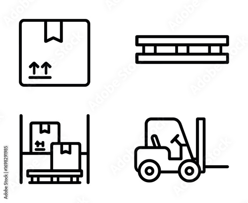 Outline icons of package, pallet rack, and forklift