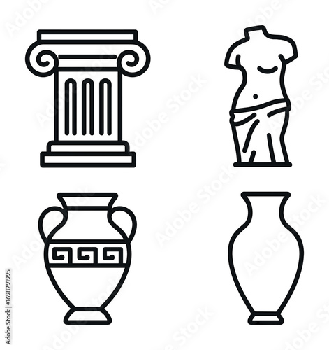 Outline icons of ancient greek artifacts: column, statue, amphora, vase