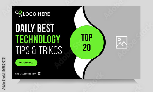 Daily technology tips and tricks video thumbnail banner design, daily photography learning tips and techniques video cover banner design, editable vector eps 10 file format