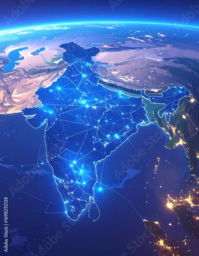 A high-resolution digital rendering of India's interconnected network of cities, showcased from space, with glowing blue lines depicting communication and transportation routes.