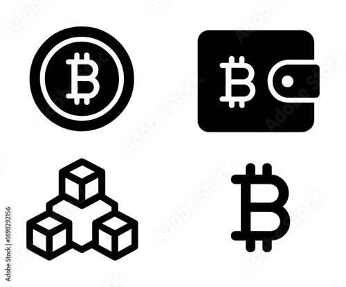 Bitcoin symbols and blockchain icons including wallet and nodes