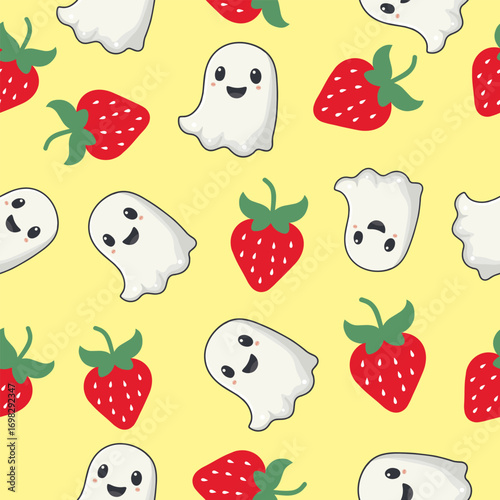 Playful ghosts and strawberries pattern digital design fun and whimsical colorful background cartoon style