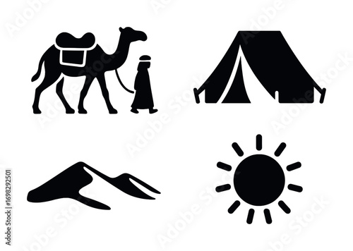 Desert exploration: camel caravan, tent, sand dunes, and sun icons in black silhouette