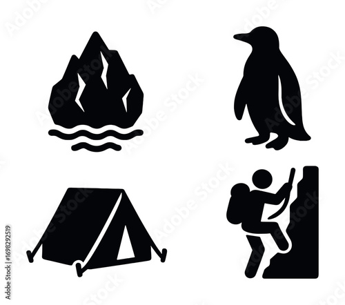 Outdoor exploration icons: mountain, penguin, tent, climbing adventure symbols