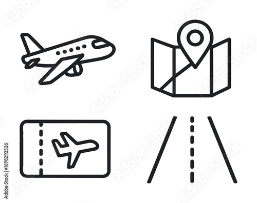 Airplane icon set: travel, map, ticket, road symbols for navigation