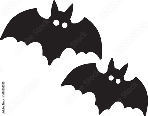 Two black bats with white eyes on a white background