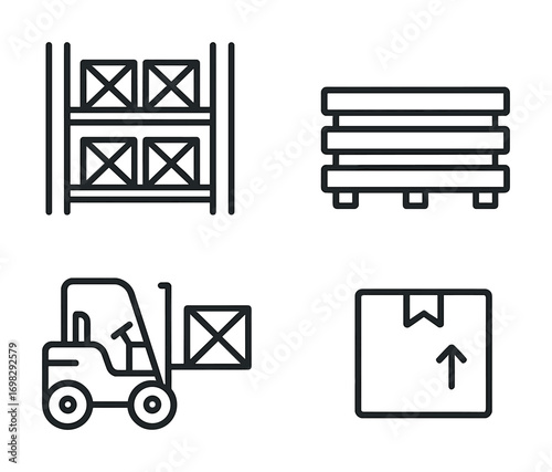 Warehouse storage icons: shelves, pallet, forklift, box symbols for logistics and transport