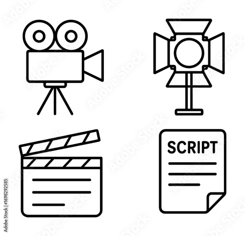 Film production elements: camera, light, clapperboard, script icons