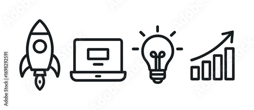 Rocket laptop lightbulb growth chart icons for innovation and success