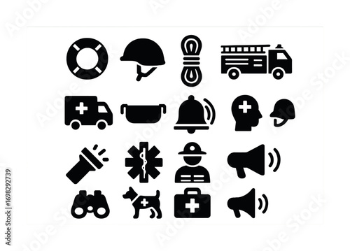 Emergency equipment icons set including ambulance, fire truck, safety helmet, and megaphone