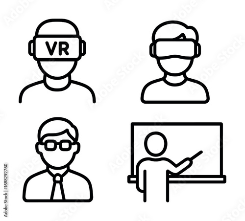 Virtual reality headset profiles and education icon illustration