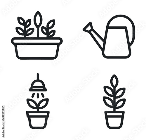 Gardening icons set with potted plants and watering can