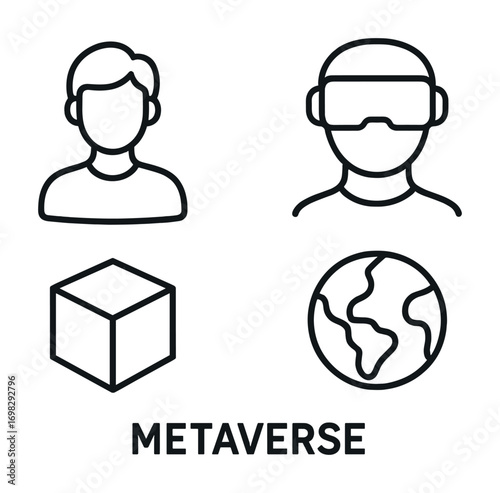 Metaverse concept with avatar, vr headset, cube, and globe icons