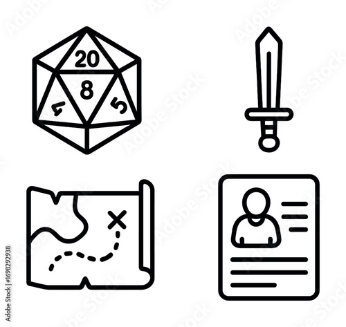 Icons of d20 dice, sword, treasure map, character sheet for gaming enthusiasts