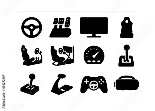 Gaming equipment icons: steering wheel, monitor, controller, vr headset