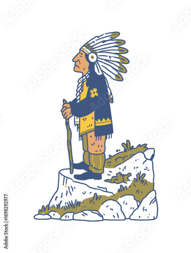 Traditional Native American Chief Standing on Rock with Staff