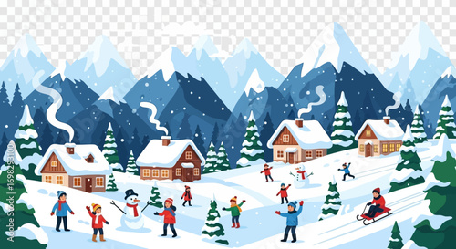 Joyful winter scene in a cozy mountain village with children playing, building a snowman, and sledding in the snow