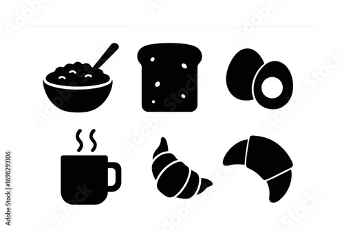 Breakfast icons: cereal, toast, eggs, coffee, croissant silhouettes