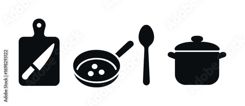 Kitchen utensil icons with cutting board, frying pan, spoon, and pot silhouettes