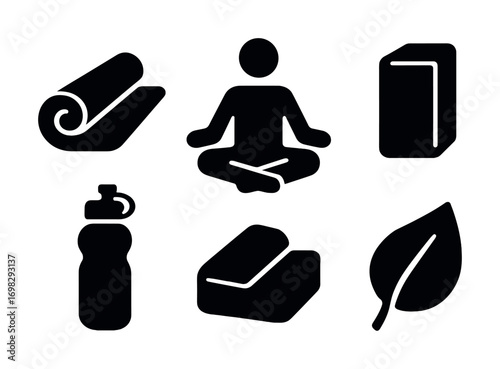 Yoga and wellness icons: mat, meditation, block, bottle, brick, leaf silhouettes
