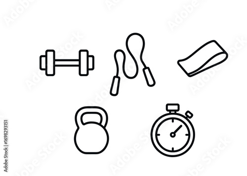 Fitness equipment icons: dumbbell, jump rope, resistance band, kettlebell, stopwatch