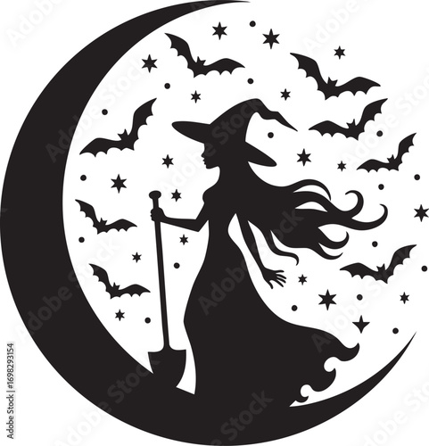 Witch silhouette on a crescent moon with bats and stars