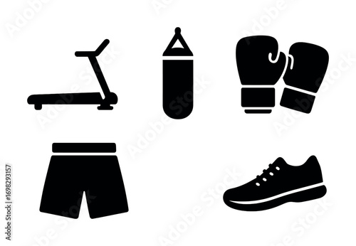 Silhouette icons: treadmill, punching bag, gloves, shorts, shoe