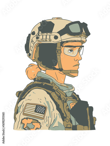 Female Soldier in Tactical Gear with Helmet and Safety Goggles