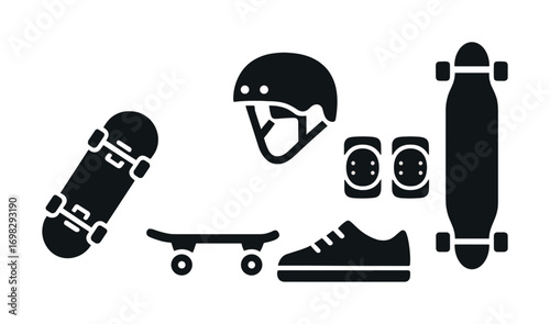 Skateboarding gear set: helmet, pads, skateboards, shoe icons in black silhouette