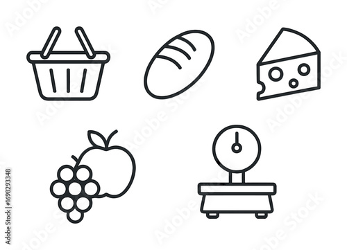 Icons of basket, bread, cheese, fruits, and scale for shopping concept