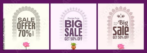 Durga Puja Sale. offer a set of ads. And. Durga Puja Offer Banner. Durga Puja Sale Poster set