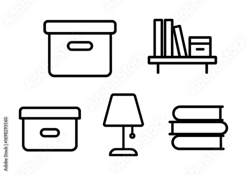 Simple line icons of box, bookshelf, lamp, books for home organization