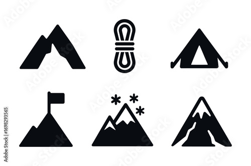 Mountain adventure icons: peaks, rope, tent, flag, snow