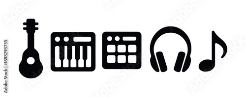 Musical icons featuring ukulele, keyboard, drum pad, headphones, and music note
