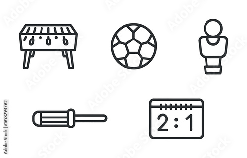 Sports icons set: soccer ball, scoreboard, foosball table, player, screwdriver